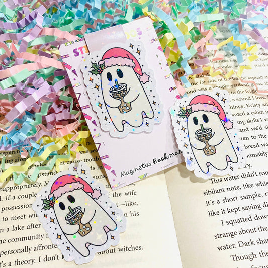Christmas Ghost with Iced Coffee Magnetic Bookmark | Bookmark for Book Lovers