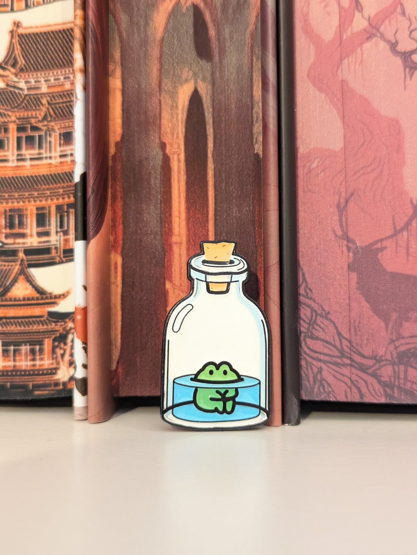 Funny Frog in a Bottle Pin | Enamel Badge for Book Lovers
