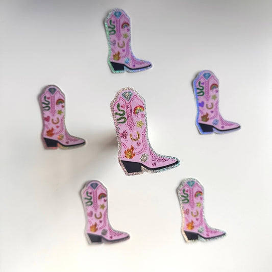 Holographic Sticker | Glitter Pink Cowgirl Cowboy Boot Rodeo