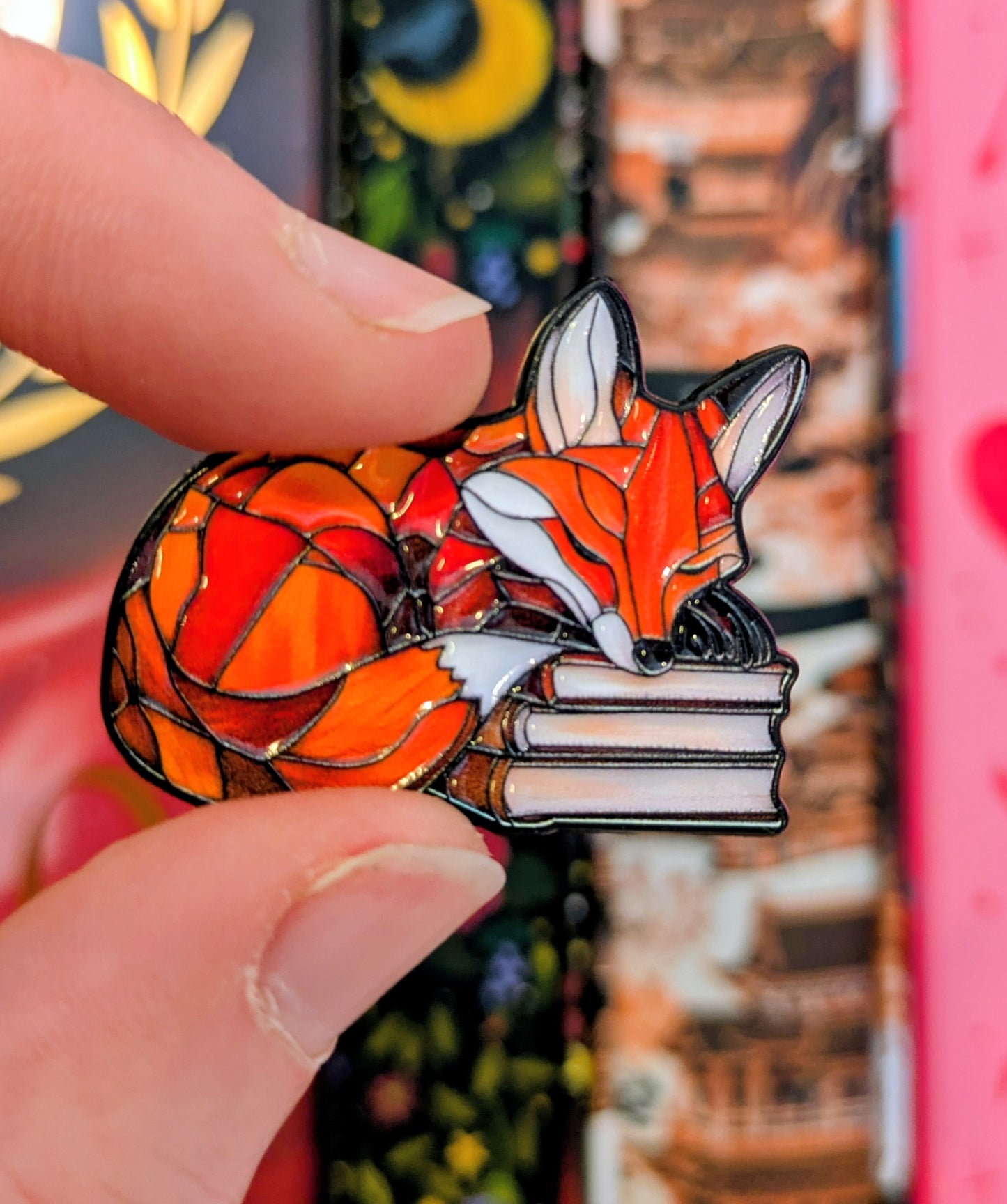 Fox Sleeping on Books | Enamel Badge for Book Lovers and Readers
