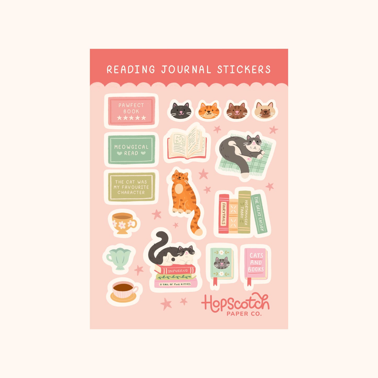 Cat Reading Journal Sticker Sheet | Literary Journalling Gift
