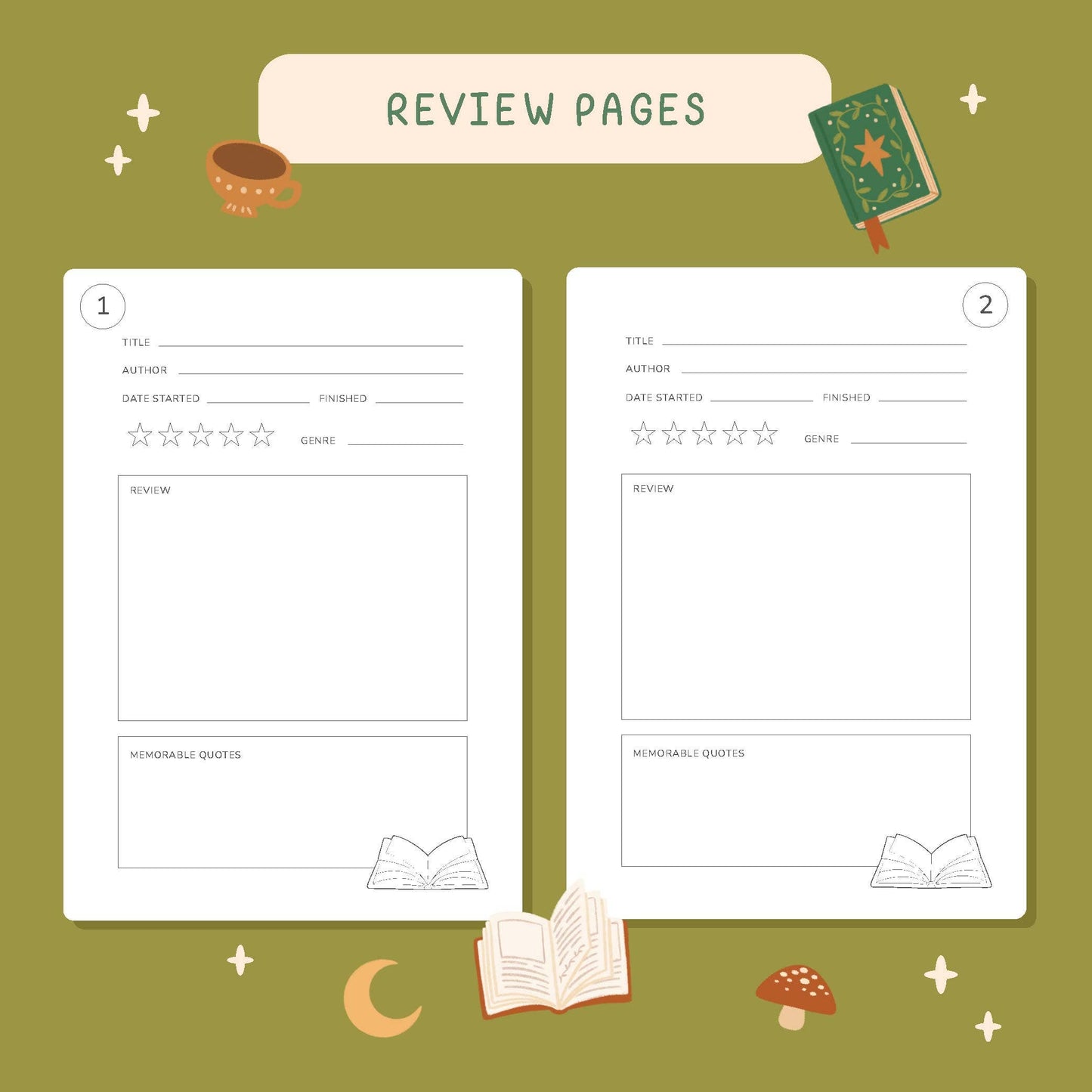 Reading Journal Fantasy Forest Cottagecore | 50 Page Book Review Reading Journal