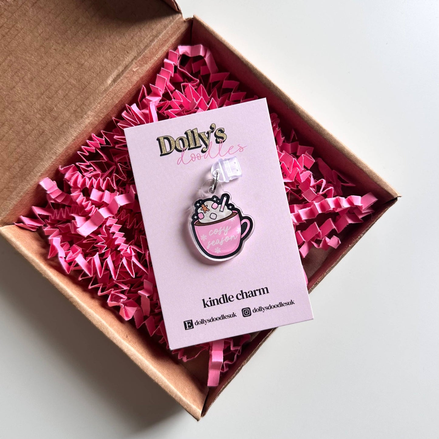 Cosy Season Hot Chocolate Kindle Charm | Pink Book Reader Gift