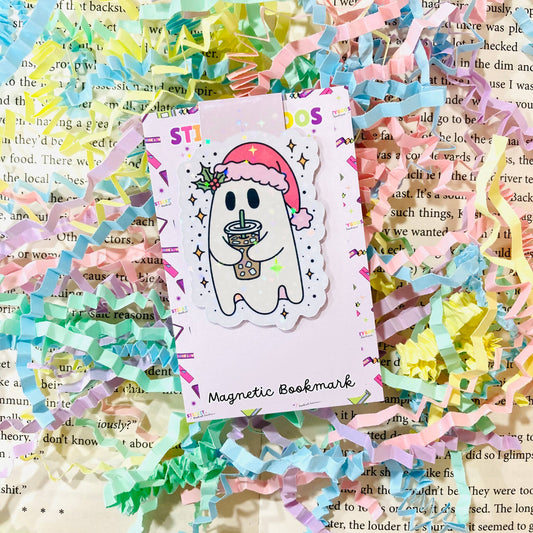Christmas Ghost with Iced Coffee Magnetic Bookmark | Bookmark for Book Lovers