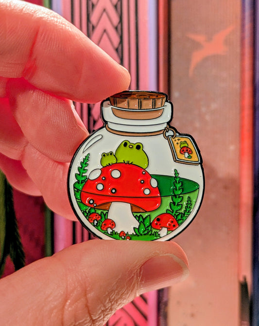 Frog and Mushroom Potion Bottle Badge - Cottagecore Enamel Pin