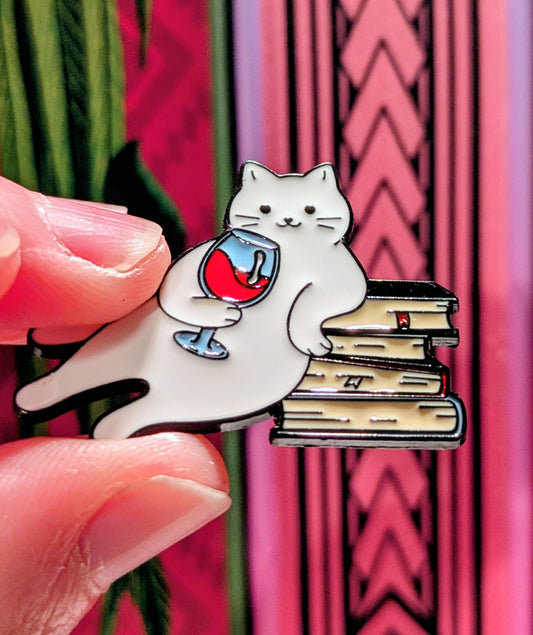 Cat, Wine & Books Enamel Pin - Purrfect Gift for Cat (and Book) Lovers