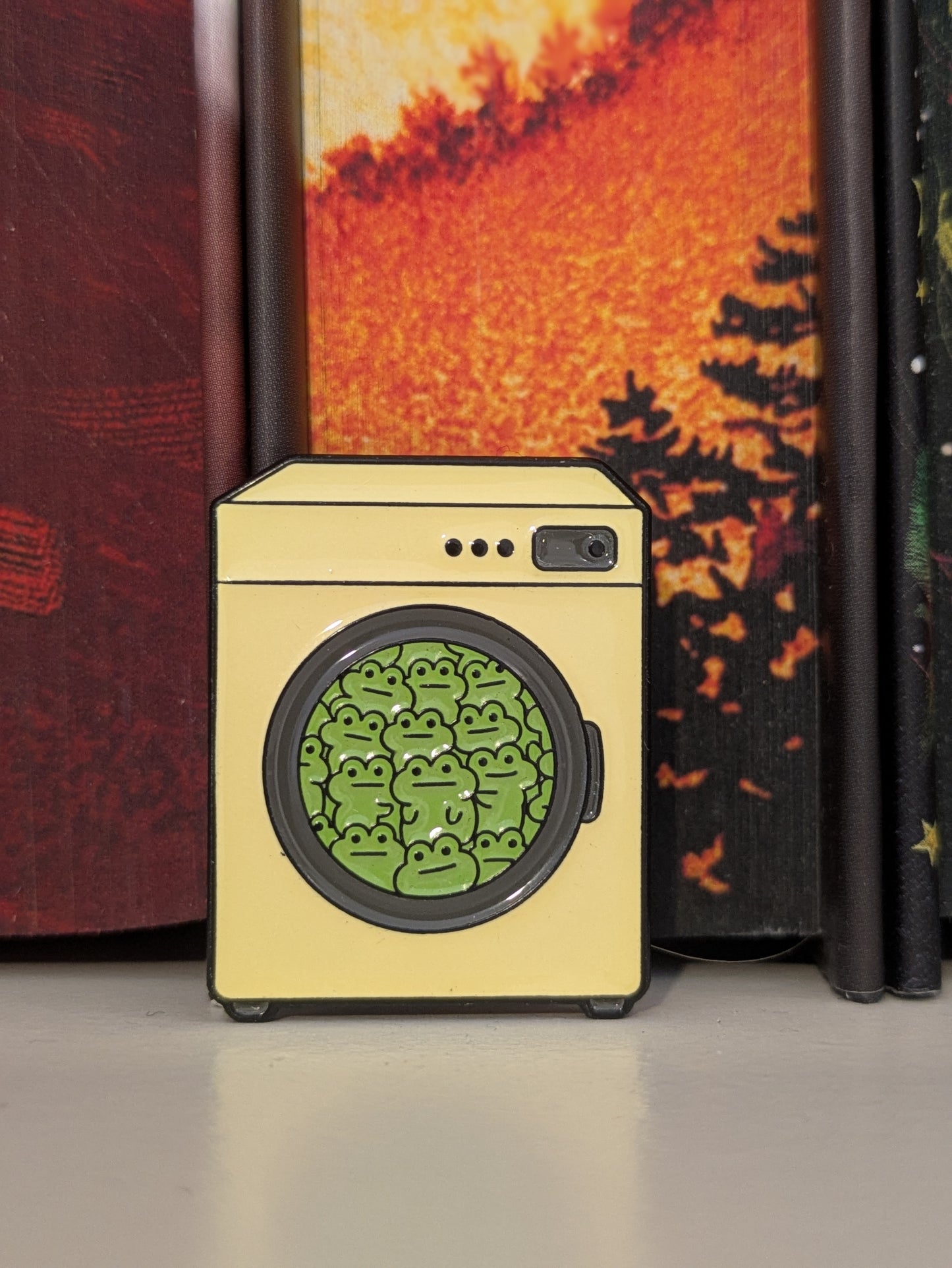 Funny Frogs in Washing Machine | Enamel Badge for Book Lovers