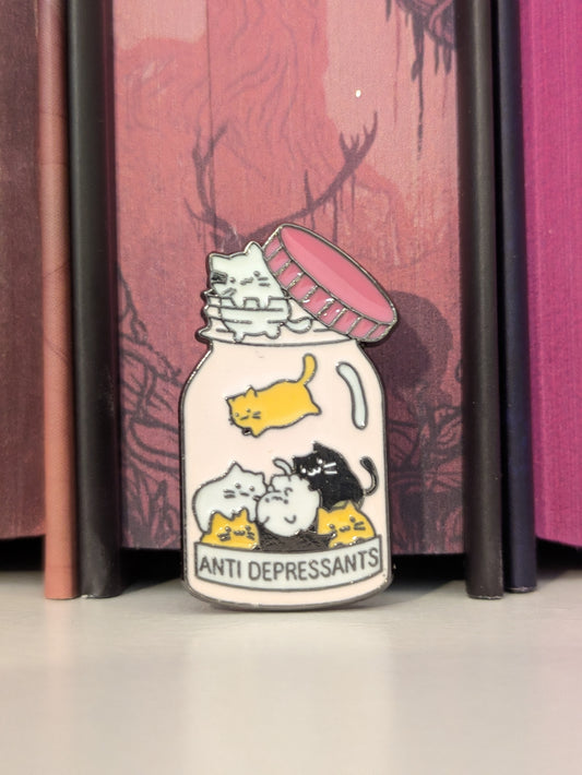 Anti-Depressant Funny Cat Pin | Enamel Badge for Book Lovers and Cat Lovers