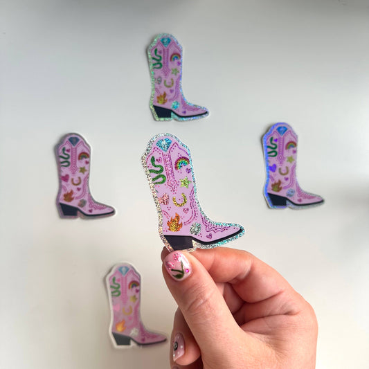 Holographic Sticker | Glitter Pink Cowgirl Cowboy Boot Rodeo
