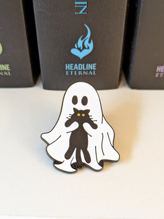Black Cat and Ghost Pin | Enamel Badge for Book Lovers