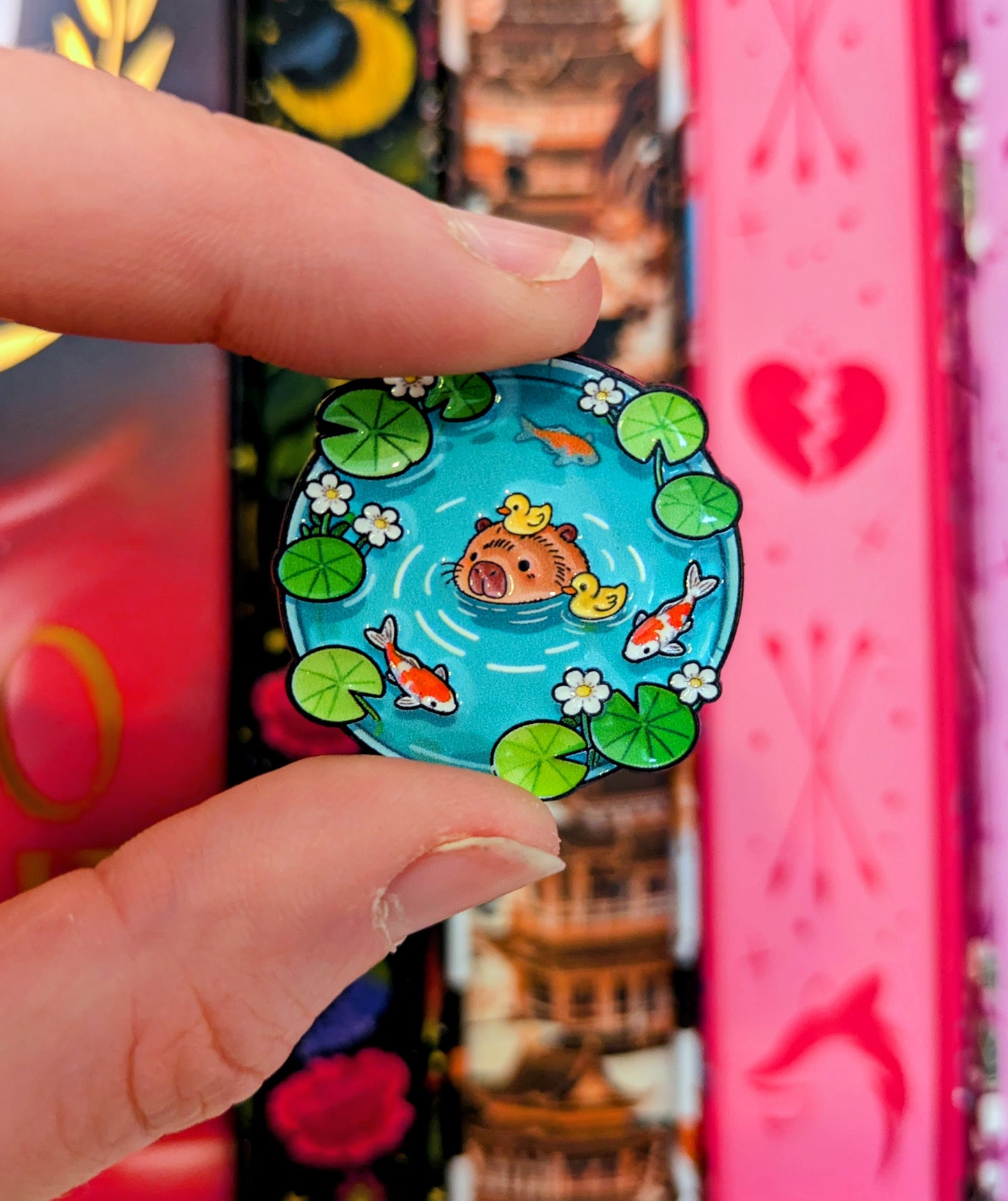 Capybara Bathing Badge | Enamel Badge for Book Lovers and Readers